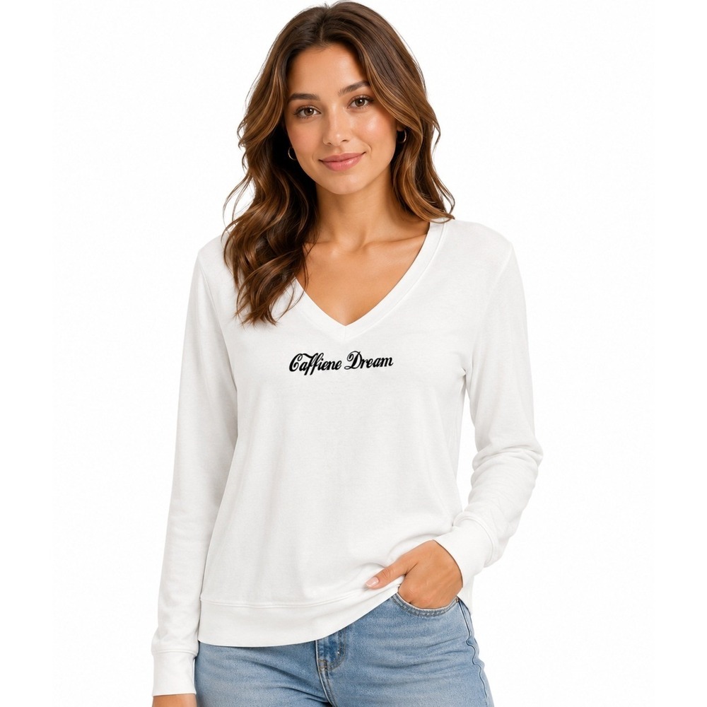 Wildfox Graphic Tee Women XS White Caffeine Dream V-Neck Long Sleeve‎ Jersey Top